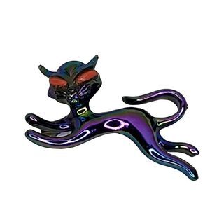 Vintage Psychedelic Iridized Cat Brooch Purple Green Red Eyes 1 1/2"X 1